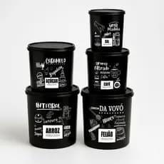 Kit 5 Potes de Mantimentos Plástico Preto PB Frases