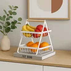 Fruteira com Alça Madeira Cesto Organizador Frutas Bancada Cozinha Prateleira