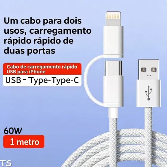 Cabo 2 em 1 Lightning + Type-C PD Turbo 60W Compatível iPhone XR até 17 Pro Max e Android Cabo Trançado Veicular
