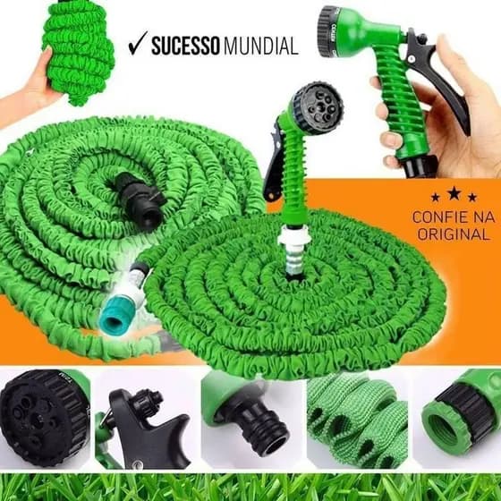 Mangueira Mágica de Jardim Reforçada 15/30m, Flexível em Borracha para Regar Plantas e Lavar Veículos