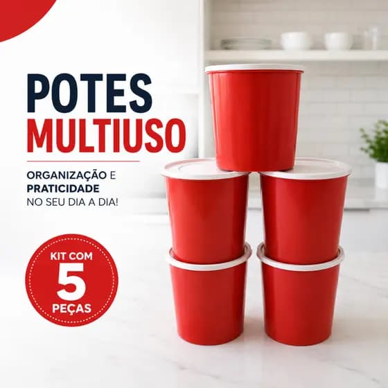 Kit 5 Potes Redondos Tampa 1,3 Litros Multiuso Organização Cozinha