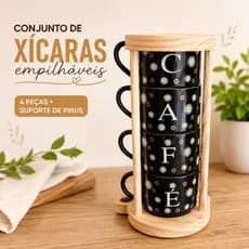 Conjunto 4 Xicaras Porcelana Cantinho Cafe Suporte Madeira Pinus Chá Decoração Cozinha