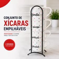 Jogo Xicaras 4 Peças Porcelana Branca Café Suporte Palavras Motivacionais Decorativo