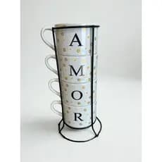 Jogo de Xícaras em Porcelana com Suporte de Ferro – Kit 4 Peças “AMOR” Empilhável Decorativo