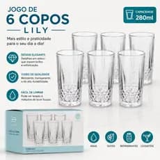 Jogo 6 Copos de Vidro 280ml Transparente Copo para Água Suco Refrigerante Drinks