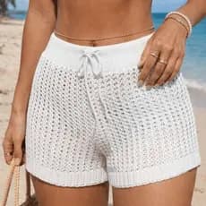 Short Feminino Crochê Tricô Vazado Saída de Praia Moda Praia Verão Casual Confortável Leve Piscina
