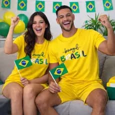 Kit Pijama Casal Brasil Torcida Copa Manga Curta e Short Malha Verão Promoção