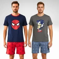 KIT 2 PIJAMAS MANGA CURTA E SHORT PERSONAGENS SUPER HERÓIS DIVERTIDOS VERÃO OFERTA