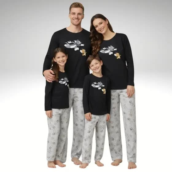 KIT COMBINADO FAMÍLIA ESTAMPAS DE DESENHOS ANIMADOS E DIVERTIDOS TAL PAI TAL MÃE TAL FILHOS INVERNO MANGA E CALÇA LONGA
