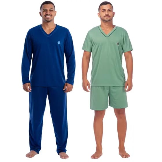 KIT 2 PIJAMAS MASCULINO CAMISA MANGA COMPRIDA CALÇA INVERNO E CAMISA MANGA CURTA E SHORT VERÃO CONFORTÁVEL OFERTA