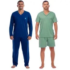 KIT 2 PIJAMAS MASCULINO CAMISA MANGA COMPRIDA CALÇA INVERNO E CAMISA MANGA CURTA E SHORT VERÃO CONFORTÁVEL OFERTA