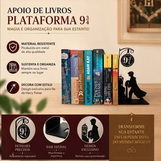 Aparador de Livros Harry Potter Decorativo Suporte Estante Geek Apoio 3D Porta Livro Plataforma 9 3/4