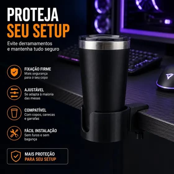 Suporte de Copo para Mesa Ajustável | Porta Copo com Fixação | Ideal para Setup Gamer e Escritório