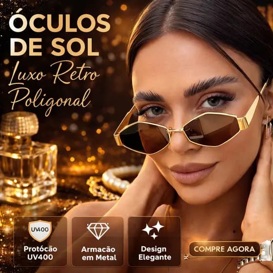 Óculos de Sol Feminino Poligonal Proteção UV 400 Estilo Luxo Tendência 2026 Fashion Uso Dia à Dia