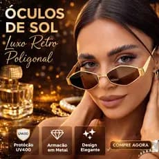 Óculos de Sol Feminino Poligonal Proteção UV 400 Estilo Luxo Tendência 2026 Fashion Uso Dia à Dia