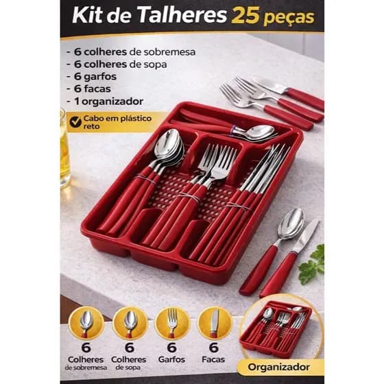 Kit Talheres 25 Peças com Organizador | 6 Garfos, 6 Facas, 12 Colheres (sopa e sobremesa)| Cabo Reto Ecolha a Cor