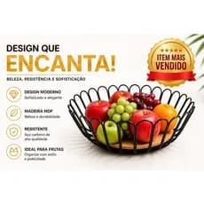 Fruteira De Mesa Redonda - Preta Com Base De Madeira 28cm Design moderno e elegante