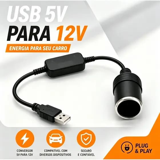Conversor USB 5V Para 12V Tomada De Acendedor De Carro Cabo Conversor Energia Plug