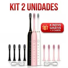 Kit 2 Escova de Dentes Elétrica Sonic - Recarregável + 4 Refis Grátis - IPX7