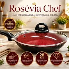 Frigideira Cerâmica Antiaderente 28cm com Tampa Rosévia Chef - Não Gruda, Fácil Limpeza