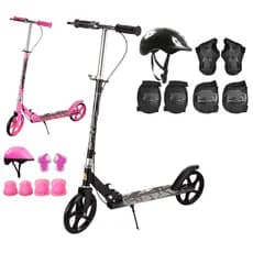 Patinete Dobrável Com Freio e Kit Proteção Capacete Completo 7 Peças Para Jovens Adolescentes Adultos Rosa e Preto 80kg