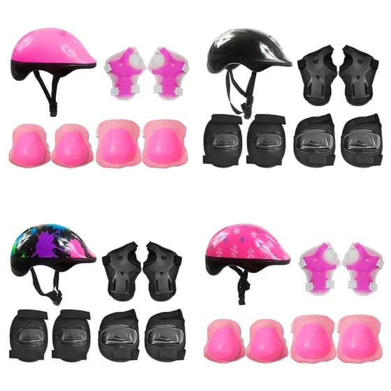 Kit Proteção Infantil 7 Peças Capacete Joelheira Cotoveleira Luvas Bicicleta Patinete Skate Patins Rosa e Preto