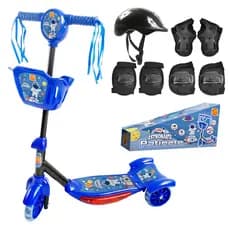 Patinete Infantil Menino Musical Com Luzes LED 3 Rodas e Cesta Cestinha Azul Preto Astronauta