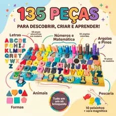 Brinquedo Educativo Pedagógico Letras Números Formas Animais Frutas Cores Pescaria em Madeira
