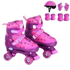 Patins 4 Rodas Com Kit Proteção Completo Feminino Rosa e Roxo Ajustável Rosa e Roxo Com Cadarço