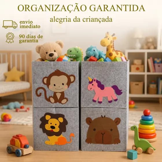Cesto Organizador Dobrável Brinquedos Infantil Multiuso Roupa Suja Tecido Seguro Animais Em TnT