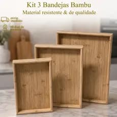 Kit 3 Bandeja Bambu Retangular Organizadora Café Da Manha Decorativa Moderna Elegante Sala De Estar
