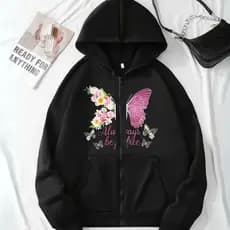 Moletom Borboleta Estilo Leve Look para Brilhar Ziper Flanelado C/ Bolsos