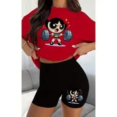 Conjunto Feminino de 2 Peças - Camiseta de Manga Curta com Estampa e Shorts Pretos