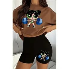 Conjunto de Duas Peças Feminino Fashion | T-shirt de Manga Curta com Gola Redonda e Estampado , e short Pretos