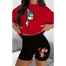 Conjunto Feminino de 2 Peças - Estampa Tom e Jerry com Rosas, Camiseta de Manga Curta com Gola Redonda e Short Preto,