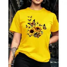 Camiseta Feminina  Gola Redonda com Estampa Floral de Girassol e Borboleta, 1 Peça, Adequada para Todas as Estações