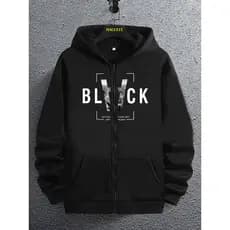 Moletom com capuz e ZIPER masculino preto com estampa "BLACK" e bolso canguru - Pulôver casual de manga comprida