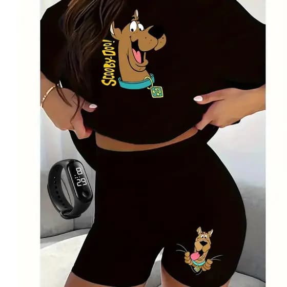 Conjunto Feminino Academia Básico Camiseta+ Bermuda Estampa Scooby-Doo+ RELOGIO DIGITAL BRINDE
