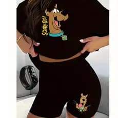 Conjunto Feminino Academia Básico Camiseta+ Bermuda Estampa Scooby-Doo+ RELOGIO DIGITAL BRINDE