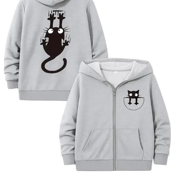 Moletom Ziper Estampa Gato Escalando Estilo Tumblr & Pet Lover Divertido Unissex