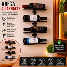 Adega para 4 Garrafas de Vinho Suporte Porta Vinho de Parede Organizador de Garrafas Adega Suspensa Metal Preto Decoraçã
