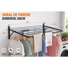 Varal de Parede Retrátil Dobrável 69cm Aço Reforçado Preto ou Branco para Lavanderia Apartamento Área de Serviço