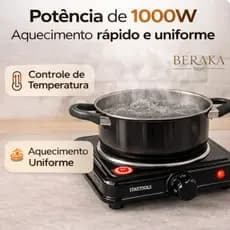 Fogareiro Elétrico 1 Boca Portátil 1000W Controle Temperatura 127V Branco ou 220V Preto Compacto