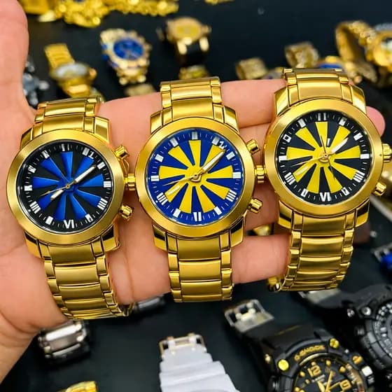 Relógio Masculino Dourado Premium Roleta Giratória Ventilador Aço Inoxidável Luxo