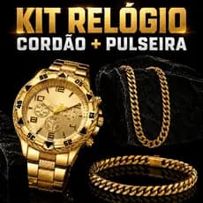 Relógio Masculino Dourado + Cordão + Pulseira Aço Inox Corrente Colar Analógico Quartz Luxo Inoxidável Kit