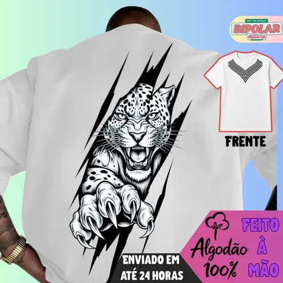 Camiseta Masculina Oversized de Manga Curta e Gola Redonda, Estampa Gráfica "Onça-pintada " com Desenhos de Olho e Asa
