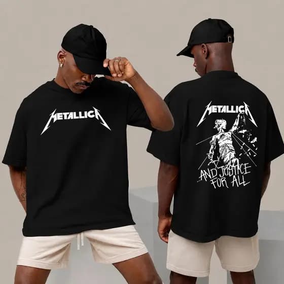 Camiseta Premium em Algodão Puro VU Basica Oversized Metallica And Justice for All Banda de Rock Streetwear Tee Unissex