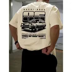 Camiseta Masculina de Manga Curta, Estampa de Carros em Japonês, Ideal para Uso em Feriados