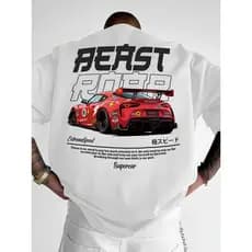 Camiseta Masculina de Manga Curta, Estampa com Texto Japonês e Motivos de Carros de Corrida, Moda Casual Gola Redonda