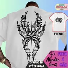 Camiseta Masculina Oversized de Manga Curta e Gola Redonda, Estampa Gráfica "Anjo e Demônio" com Desenhos de Olho e Asa